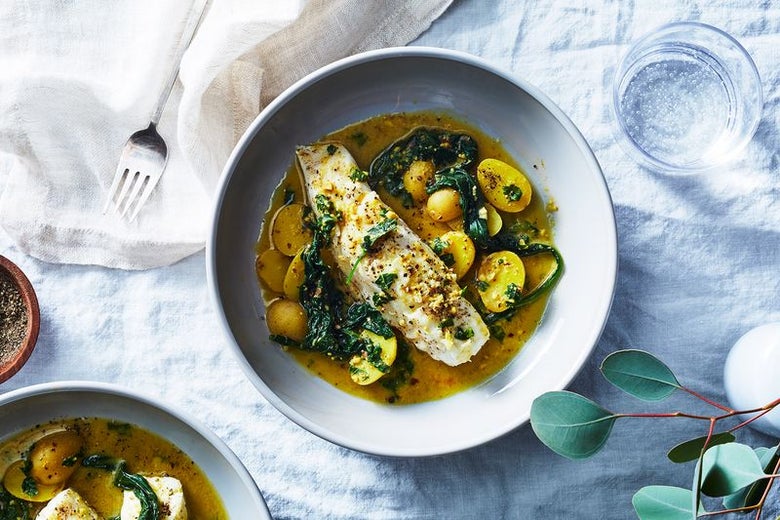 Martha Rose Shulman’s Quick-Braised Fish With Baby Potatoes & Greens by Genius Recipes